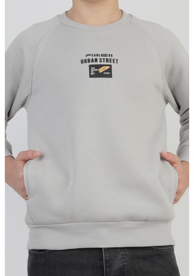 Kanguru Cepli Baskılı Detaylı Erkek Çocuk Sweatshirt-90881 Gri