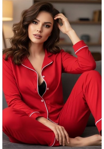 Siyah İnci Kadın Pamuklu Düğmeli Biyeli Pijama Takımı Kırmızı