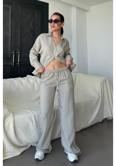 Madmext Boyalı Gri Uzun Kollu Çizgili Gömlek Pantolon İkili Takım Mg2329 Boyalı Gri