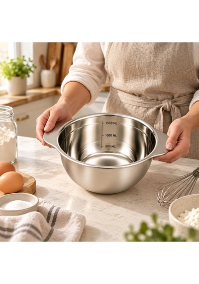 Paslanmaz Çelik 1500 Ml Ölçülü Kap 23 Cm, İç Ölçek Çizgili 1,5 Litre Karıştırma Ve Hazırlık Kabı, Çift Yan Tutamaçlı Mutfak Ölçü Kabı Çok Renkli