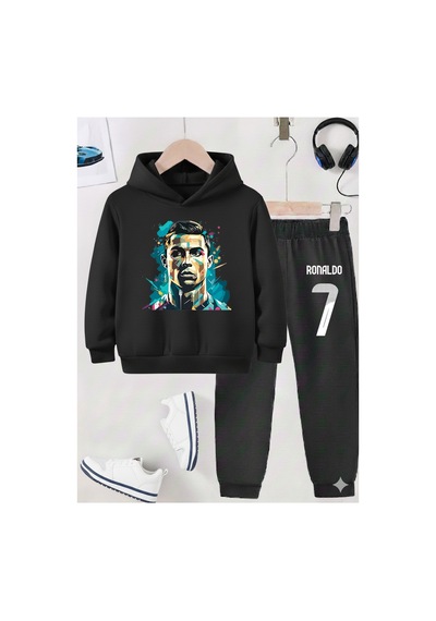 Stil X Ronaldo Baskılı Erkek Çocuk Eşofman Takımı, 3 İplik Şardonlu Kumaş Siyah-1