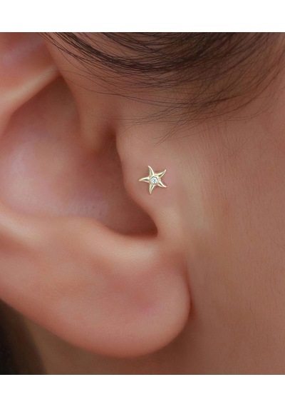 14 Ayar Altın Taşlı Deniz Yıldızı Tragus Piercing Sarı Altın