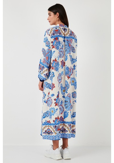 Lela Modest Desenli Regular Fit Bağlamalı V Yaka Maxi Bayan Elbise 611El510 Lacivert