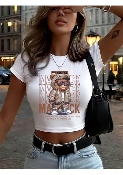 Tarzsokak Maverick Sport Bear Baskılı Kadın Babby Tees Yaz İnce O-boyun Tişörtleri Yumuşak Kısa Kollu T Beyaz
