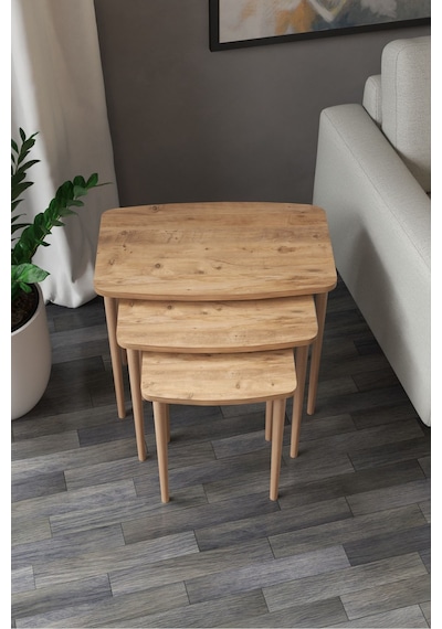 Astor Çam Zigon Sehpa Dikdörtgen 3'lü Set İç İçe Geçebilen Ahşap Ayaklı Çam Desen Yüzey 60gx37dx52y - Atlantik Çam