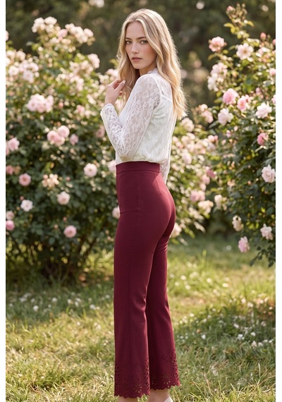 Soulshae Lazer Kesim Detaylı Yüksek Bel Krep Pantolon Bordo
