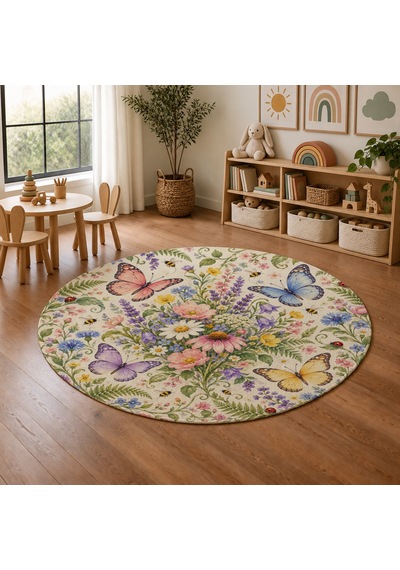 Kartela Halı Kelebek Bahçesi Yuvarlak Çocuk Oyun Halısı Kaymaz Dot Taban Yıkanabilir 120 Cm Çap