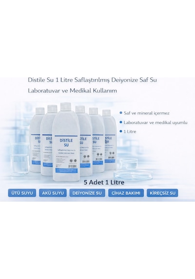 Distile Su 1 Litre Saflaştırılmış Deiyonize Saf Su 5 Adet