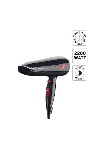 Arzum AR569 Linda Saç Kurutma Makinesi 2 Hız Ayarı, Soğuk Hava ve Difüzör, 2000W, Siyah