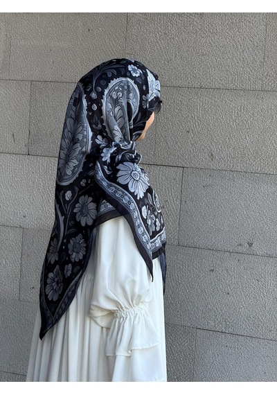 Qalortex Scarf Pamuklu Vintage Desen Eşarp-siyah/gri Siyah-Gri