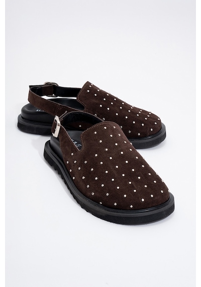 Luvishoes Our Kahverengi Hakiki Deri Süet Zımbalı Burnu Kapalı Kadın Sandalet Kahverengi