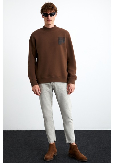 Grımelange Chasey Erkek Organik Pamuklu Dik Yaka Içi Polarlı Baskılı Acı Kahve Sweatshirt