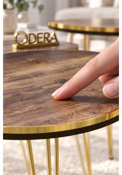 Odera Çift Ceviz Elips Orta Sehpa Ve Yuvarlak Zigon Sehpa 4'lü Set Metal Tel Ayaklı Modern Retro Salon Sehpası Diğer