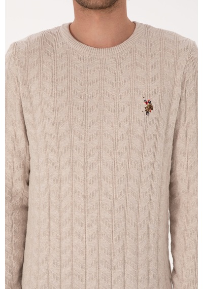 U.S. Polo Assn. Erkek Slim Fit Bisiklet Yaka Desenli Taş Melanj Kazak 50307836-VR225