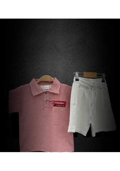 Lolliboomkids Yeni Sezon Kımızı Çizgili Polo Yaka Tshirt Ekru Bermuda Şort Takım 2'li Set Beyaz - Kırmızı
