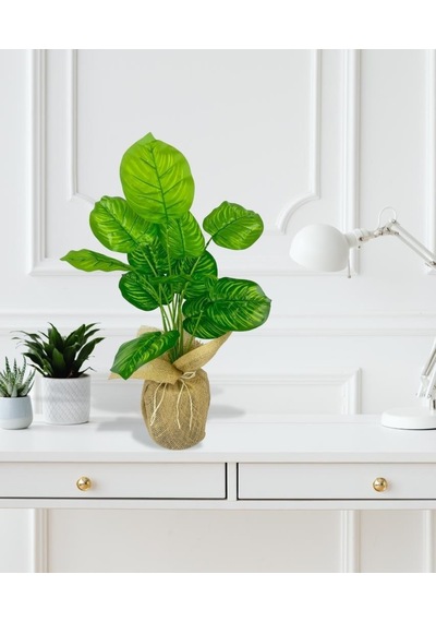 Yapay Çiçek Keten Saksıda Difenbahya Yeşil 12dal 55cm Salon Çiçeği Yapay Bitki
