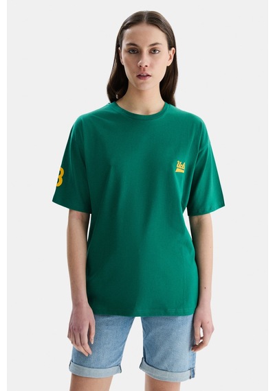 Ucla Paradıso Yeşil Bisiklet Yaka Baskılı Oversize Kadın Tshirt Yeşil