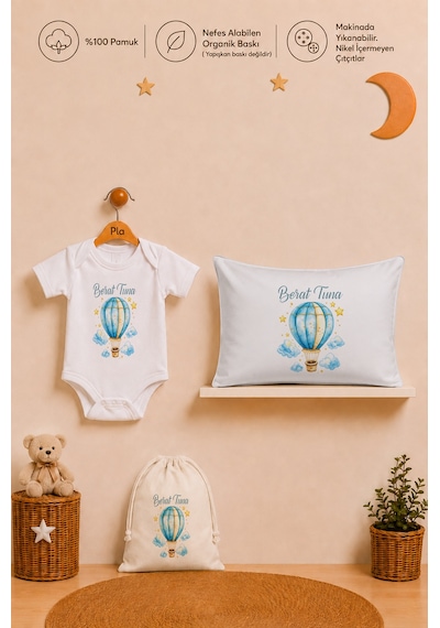 Pia Baby İsme Özel Erkek Bebek Hediyesi %100 Pamuk Organik Baskılı Body Yastık Kılıfı Ve Ham Bez Kıyafet Kesesi 1027bykyx Ekru