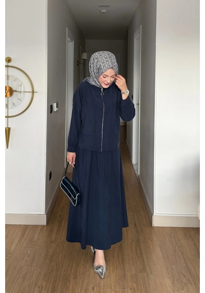 Mihran Butik Cupra Kumaş Lacivert Kadın Elbise Etek Takım Lacivert