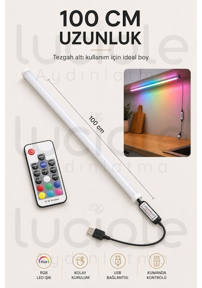 Rf Kumandalı Rgb Led Bar 100 Cm Usb Renk Değiştiren Yapışkanlı Dolap Raf Tezgah Aydınlatma