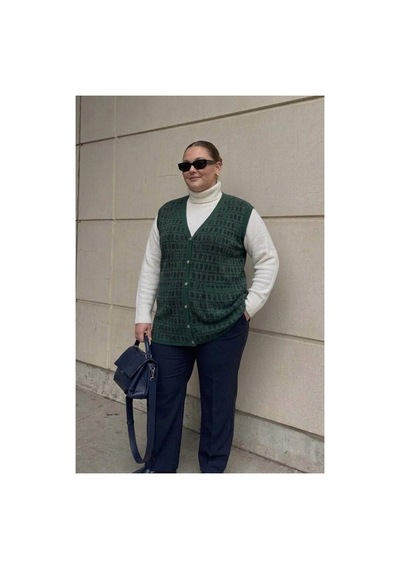 Onno Style Women Büyük Beden Klasik Triko Renkli Düğmeli Çelik Örgü Kadın Yelek Yeşil