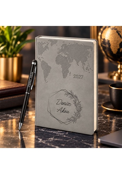 Bk Gift Kişiye Özel 378 Termo Deri Tarihli Ajanda & Siyah Touch Pen Tükenmez Kalem-9 Gri