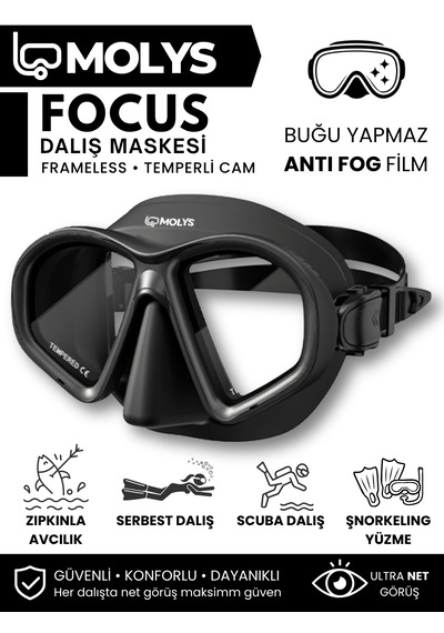 Molys Focus Dalış Maskesi + Antı Fog Buğu Önleyici Film + Katlanabilir Şnorkel + Maske Kutusu Siyah