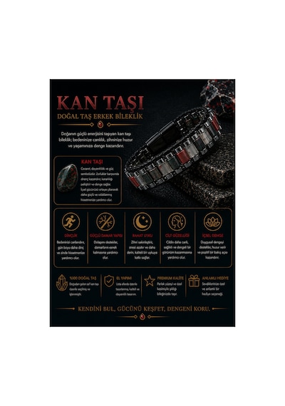 Sertifikalı Kan Taşı Siyah Hematit Silindir Kesim Kilitli Doğal Taş Deri Erkek Bileklik Çok Renkli