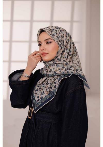 Mimiyum Flora Desen Soft Eşarp Yeşil Bej