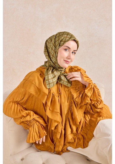 Silk Home Twill İpek Eşarp Ekose Yeşil Bej Çok Renkli