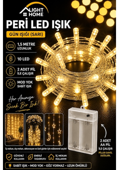 Kablolu Led Işık Zinciri Gün Işığı Dekoratif Led Aydınlatma Oda Duvar Yatak Odası Parti Yılbaşı Süsü 1,5 Metre 10 Led Sarı