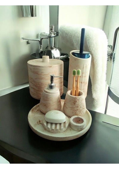 Mermer Desen Bej Beton Banyo Seti,tuvalet Fırçası,çöp Kovası,katı,sıvı Sabunluk,sunum Tepsi,mumluk. Bej