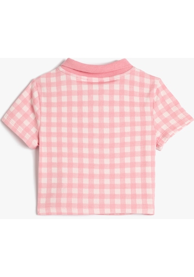Koton Polo Tişört Crop Kısa Kollu Düğme Detaylı Dar Kalıp Pembe Ekose 3skg10134ak 3SKG10134AK2C6 Pembe