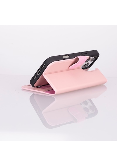 Apple Uyumlu iPhone 16 Pro , Hakiki Deri, El Yapımı, Cüzdanlı Kılıf, Toz Pembe Siyah