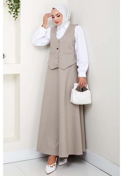 Bestenur İkili Gabardin Yelek Etek Takım 1400 - Taş Taş