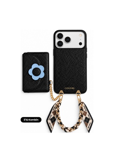 Hera Apple Uyumlu iPhone 18 Pro Max / 17 Pro Max Uyumlu Çiçek Magsafe Cüzdan, Kılıf, Fular Zincir Siyah 3'lü Set