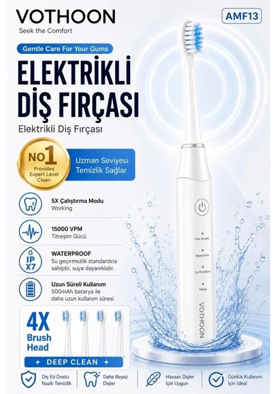 Şarjlı Diş Fırçası 15000 Vpm Titreşim Gücü, 500mah Batarya, 5 Temizlik Modu Beyaz Diğer