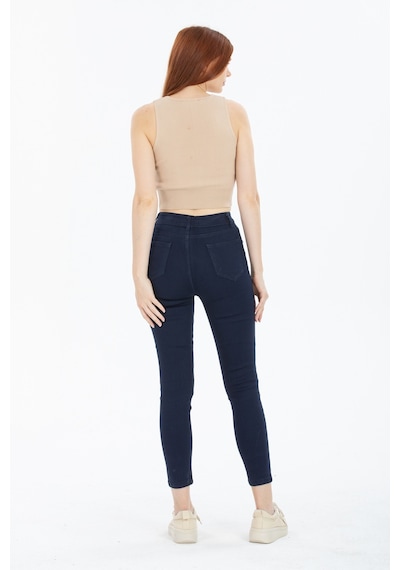 Koyu Mavi Yüksek Bel Toparlayıcı Dar Paça Skinny Power Likralı Kot Pantalon Koyu Mavi