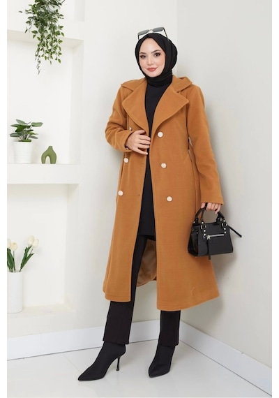 Kadın Polar Kaşe Uzun Kaban / M0107 - Camel Kahverengi