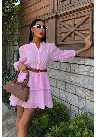 Lijuri Deri Kemerli Fırfırlı Elbise 2901 R8-c-k5 Pembe