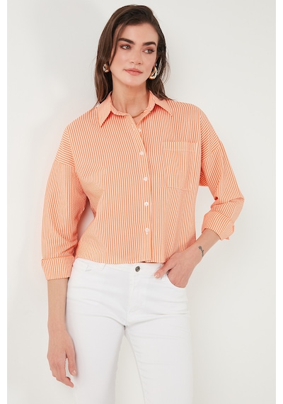 Lela Regular Fit Çizgili Göğüs Cepli Dokulu Bayan Gömlek 6772870 Oranj