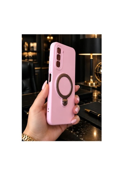 İnfinix Hot 60 Pro Plus İle Uyumlu 360 Derece Dönebilen Kalın Metal Magsafe Halka Stantlı İçi Kadife Korumalı Ultra Lüx Premium Silikon Kılıf Pembe