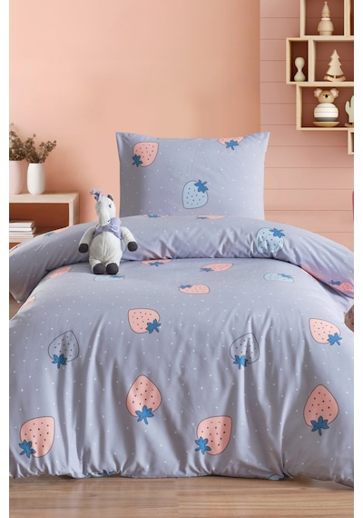 Eponj Home Tek Kişilik Pamuklu Nevresim Takımı 3 Parça Çilek Desen Gri / Yumuşak Dokulu Gri