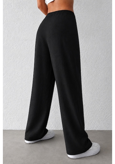 Tarz Cool Kadın Wide Leg Pantolon Ön Cep Detaylı Rahat Kalıp Günlük Pantolon Siyah