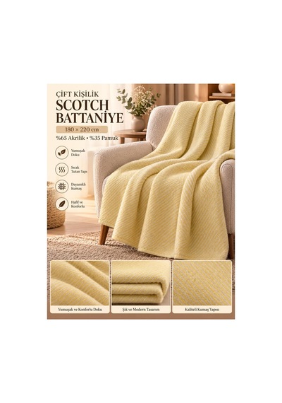 Slc Home Lüx Scotch Battaniye , Tv Battaniyesi , 180 X 220 Cm , Pike ,çift Kişilik Şık Tasarım Sarı - 940726735 Sarı