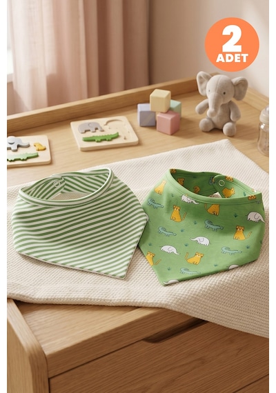 Just Inner Erkek Bebek 2'li Pamuklu Üçgen Fular Önlük Safari ve Çizgili Desenli Çıtçıtlı Çift Katlı 584401 Renkli