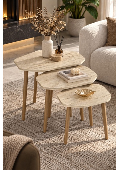 Sulorahome 3'lü Geometrik Zigon Sehpa Seti Sehpa Beyaz Mermer Desen Ayaklar Beyaz