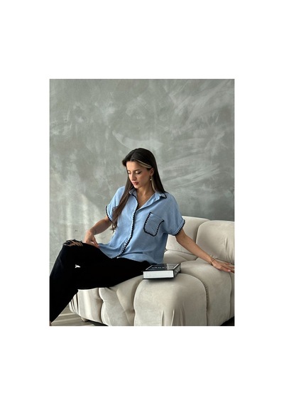 Verymoda Çoban Dikişli Keten Gömlek - D2597 Mavi