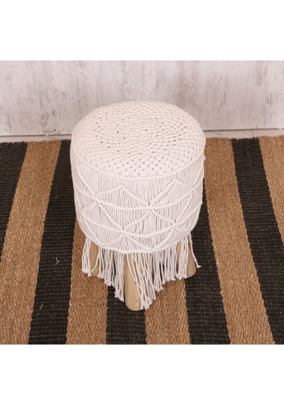 Makrome Tabure Puf & Stools - Doğal Teak Gövde 33x48 Cm Beyaz