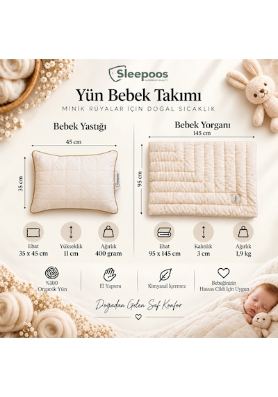 Sleepoos Yün Bebek Yastık ve Yorgan Takımı